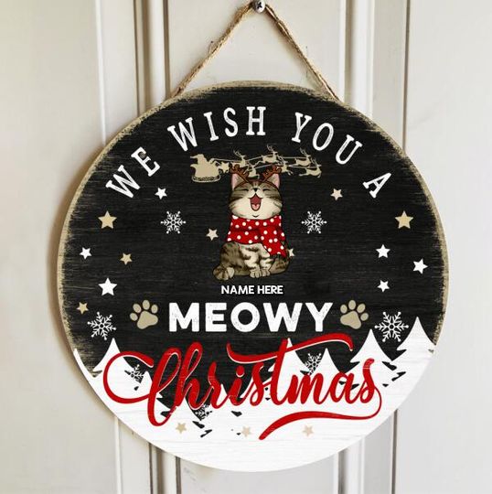 Personalized We Wish You A Meowy Christmas Cat Lovers Door Sign