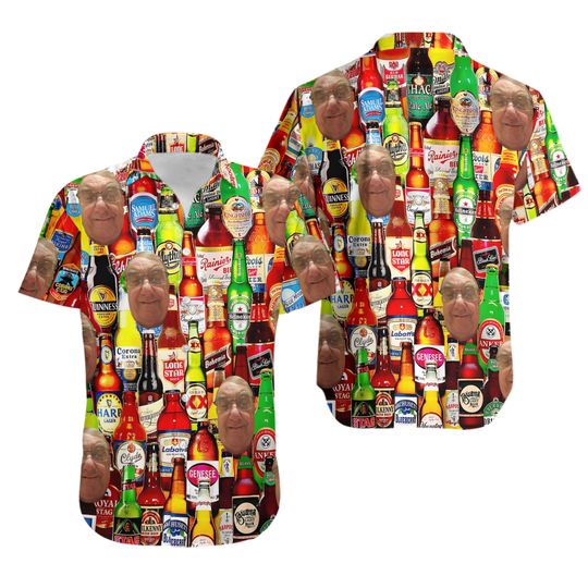 Custom Photo Hawaiian Beer Shirt, Hawaiian Shirt with Face for Her Dad Husband Boyfriend, Tropical Flowers Pattern Shirt Birthday Party Gift