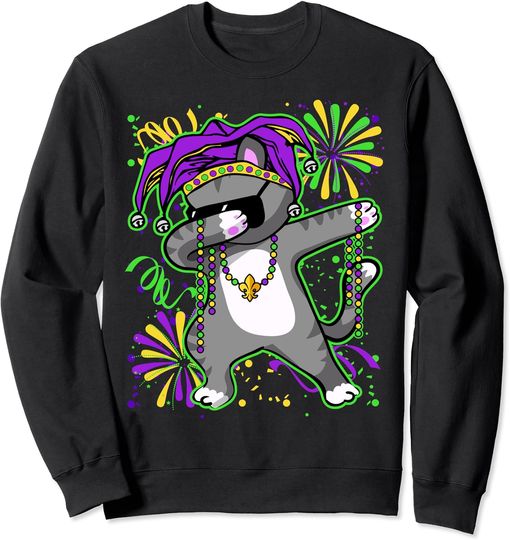 Dabbing Jester Cat Beads Mardi Gras Fireworks Confetti Sweatshirt