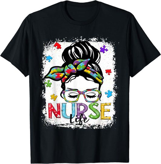 Bleached Nurse Life Messy Bun Leopard Autism T-Shirt
