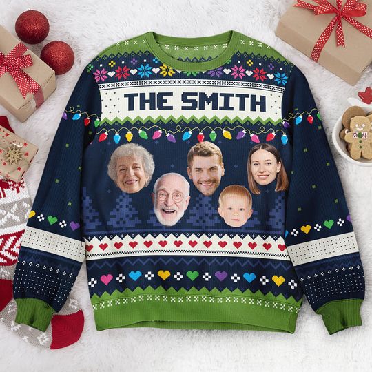 Custom Face Christmas Family Xmas Leds, Personalized Family Photo Ugly Sweater, Ugly Christmas Pattern, Christmas Sweatshirt, Christmas Gift