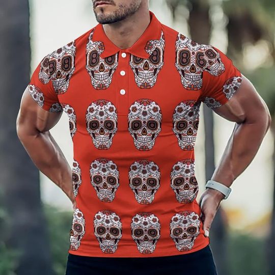 Colorful Sugar Mexican Skulls Halloween Polo Shirt