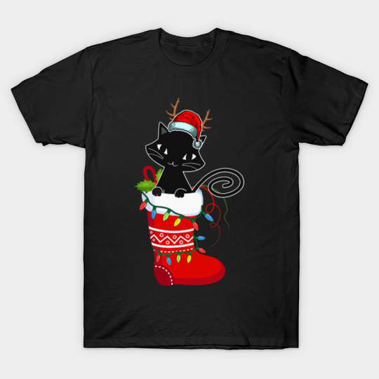 Funny Black Cat Christmas Lights In Stockings Pajama Gifts - Christmas Quarantine - T-Shirt