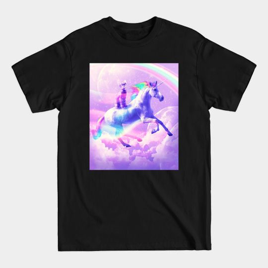 Kitty Cat Riding On Flying Unicorn With Rainbow - Unicorn - T-Shirt