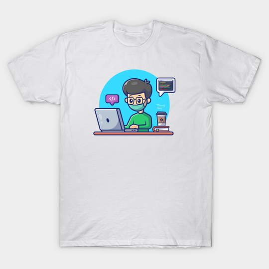 Male working on computer with cat cartoon - Laptop - T-Shirt