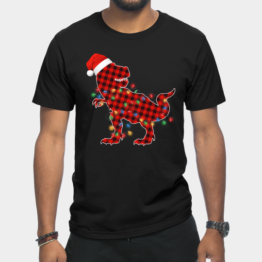 Funny Dinosaur T Rex Wearing santa hat, christmas lights and red buffalo plaid - Dinosaur Santa Hat Christmas Gifts - T-Shirt