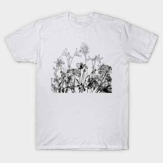 Black White Wild Flowers Botanical Pattern Illustration Vintage - Flowers - T-Shirt