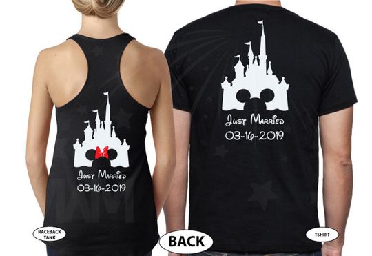 Personalized cutest  Mr and Mrs matching shirts with Cinderella Castle for Just Married couples with wedding date
