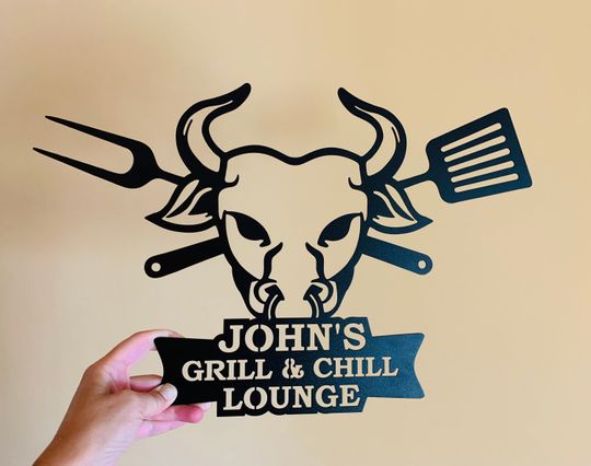 Metal BBQ Sign for Porch Grill & Chill Lounge Custom Name Sign Barbecue Outdoor Dad's BBQ Grill Father's Day Gift Bull Head