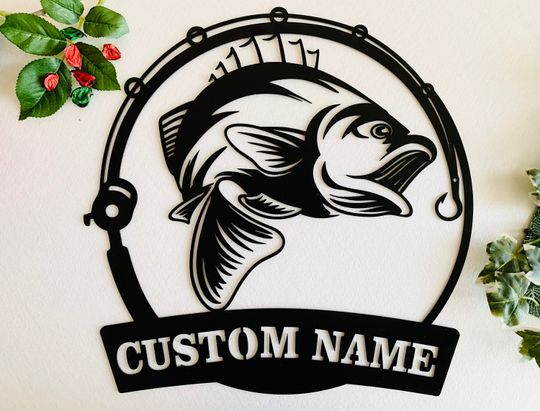 Personalized Fish Metal Name Sign & Fishing Rod, Metal Wall Art Man Cave Sign Fishing Lover Gift for Fisherman Metal Monogram, Custom Design
