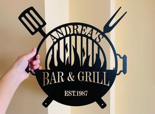 Personalized Bar and Grill Metal Sign Custom Name BBQ Barbecue Outdoor