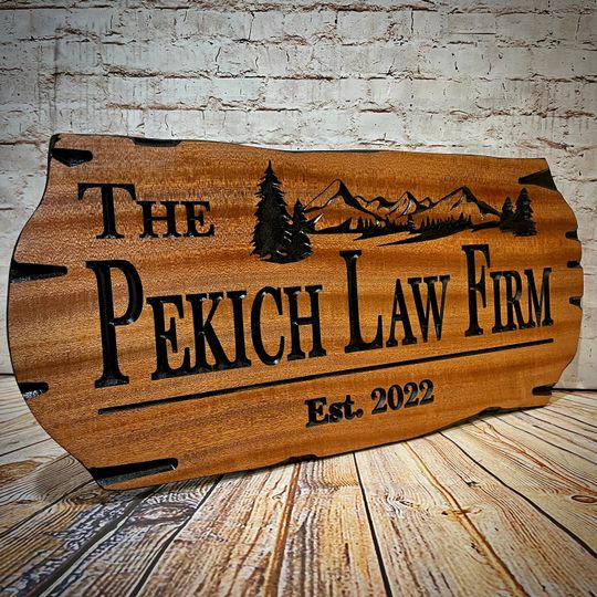 Wooden Carved Outdoor Sign, Custom Cabin Decor with Mountains and Trees, Personalized Gift, Wood Engraved Plaque