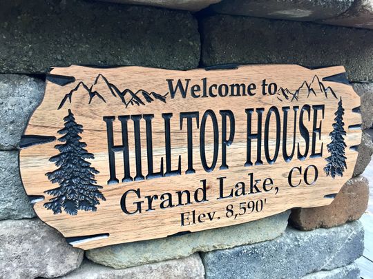 Outdoor Wooden Sign with Carved Pine Trees and Mountains Perfect for a Cabin or Campsite Benchmark Signs and Gifts