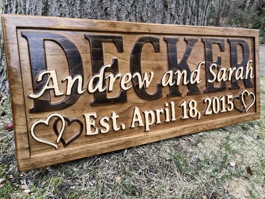 Personalized Wedding Gift Family Name Signs Carved Custom Wooden Sign Last Name Established Anniversary Personalized Sign Gifts Couple Wood