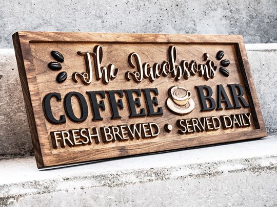 Personalized Coffee Bar Sign for Kitchen | Carved Wood Sign | Custom Coffee Decor | Coffee Lover Gift | Wooden Cafe Sign | Custom Cafe Sign