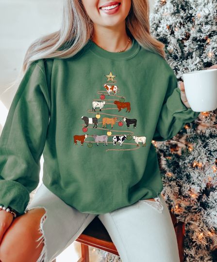 Christmas Cow Tree Sweatshirt, Western Christmas Cow Sweatshirt, Christmas Gifts