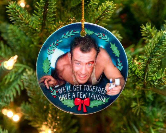 Die Hard Bruce Willis Ceramic Christmas Ornament, Best Christmas Movie, ornament with gift box - ready to ship