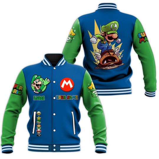 Luigi Baseball Jacket, Streetwear Bomber, Cartoon College Jacket