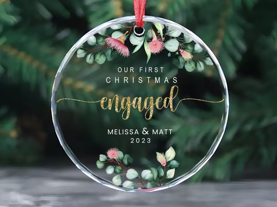 First Christmas Ornament, Custom Engaged Couple Crystal Glass Ornament Decoration, Christmas Tree Decoration