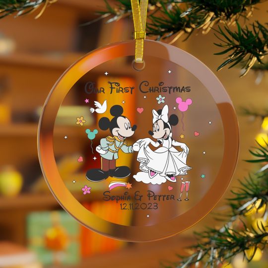 Personalized Disney Wedding Glass Ornament, Mickey Minnie Ornament, Mr and Mrs Ornaments