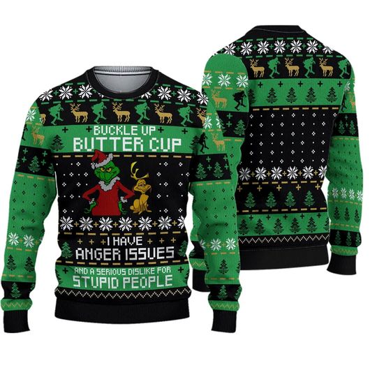 funny character Buckle Up Butter Cup I Have Anger Issues Christmas Ugly Sweater