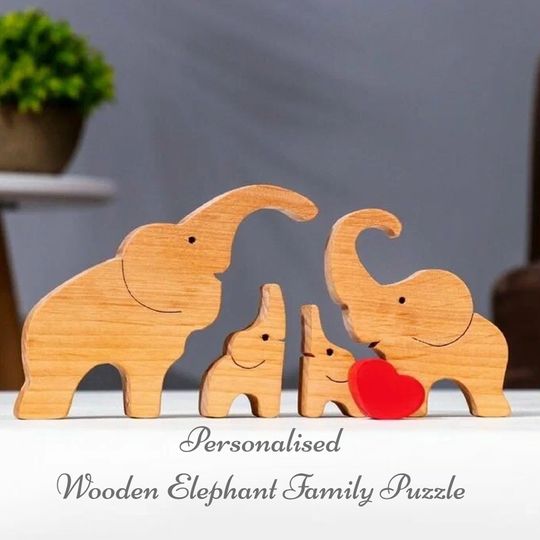 Personalized Wooden Elephant Family Puzzle, Wooden Animal Carvings