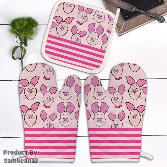 Pink Pig Oven Mitts & Pot Holder, Pink Pig Hot Pad, Cookie oven mitts