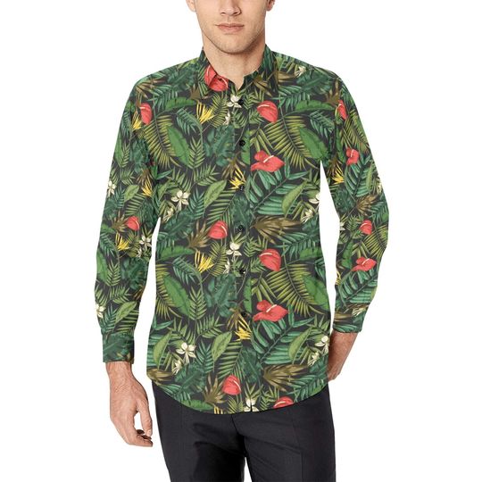 Tropical Leaves Long Sleeve Men Button Up Shirt, Green Floral Jungle Summer Print