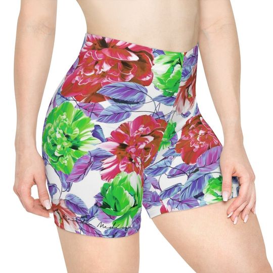 Summer Shorts, Red Floral Biker Style, Women's Short Pants