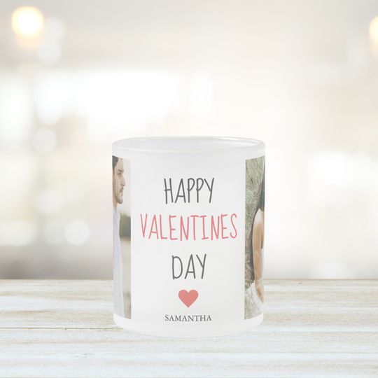 Two Photos | Happy Valentines Day | Couple Gift Frosted Glass Coffee Mug