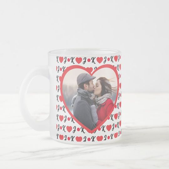 Custom Couple Photo Name Initials Valentine's Day  Frosted Glass Coffee Mug