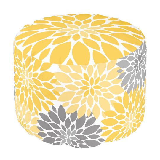 Yellow and Gray Chrysanthemums Floral Pattern Pouf