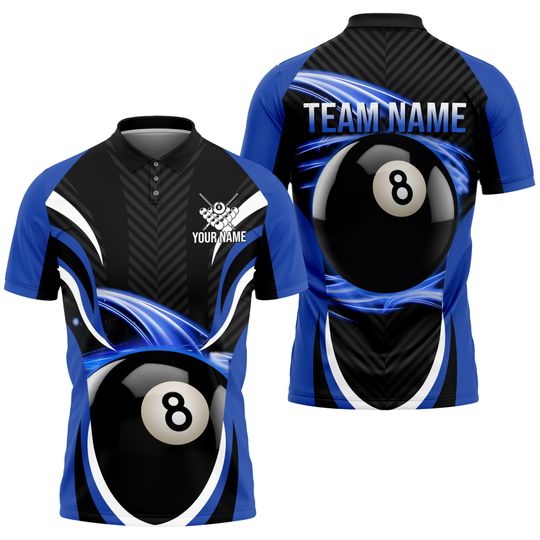 Billiard 8 Ball Blue Colors Personalized Name & Team Name Polo Shirt