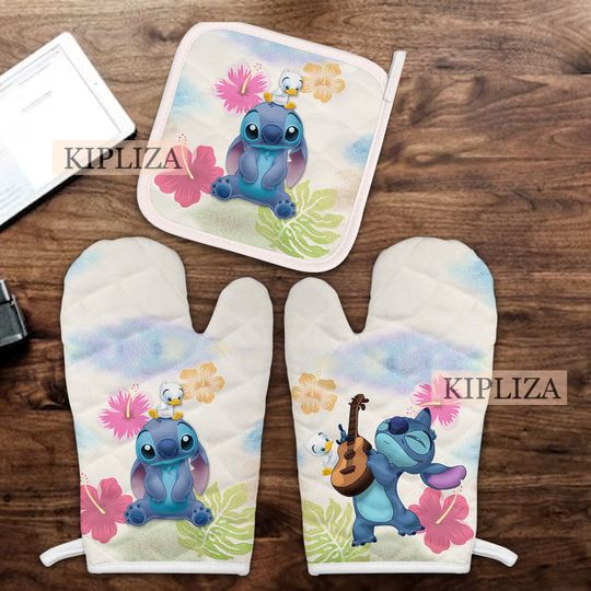 Cute Stitch Combo 2 Oven Mitts and 1 Pot Holder Set