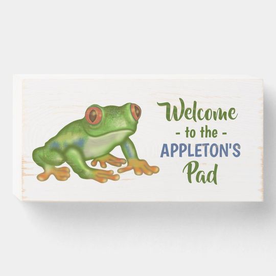 Frog Welcome to the Pad Tropical Personalized Name Wooden Box Sign