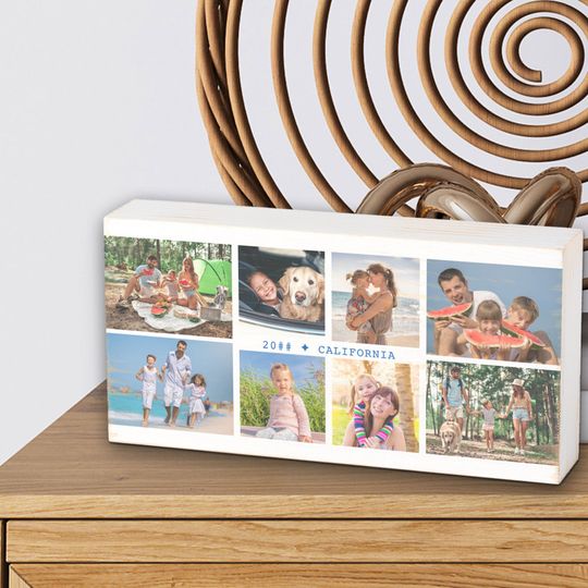 Family Photo Collage with 8 Photos and Custom Text Wooden Box Sign