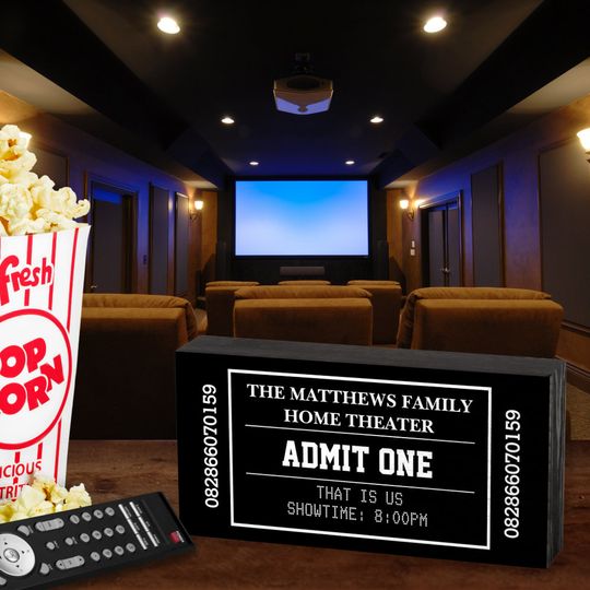 Personalized Movie Ticket Black Home Theater   Wooden Box Sign
