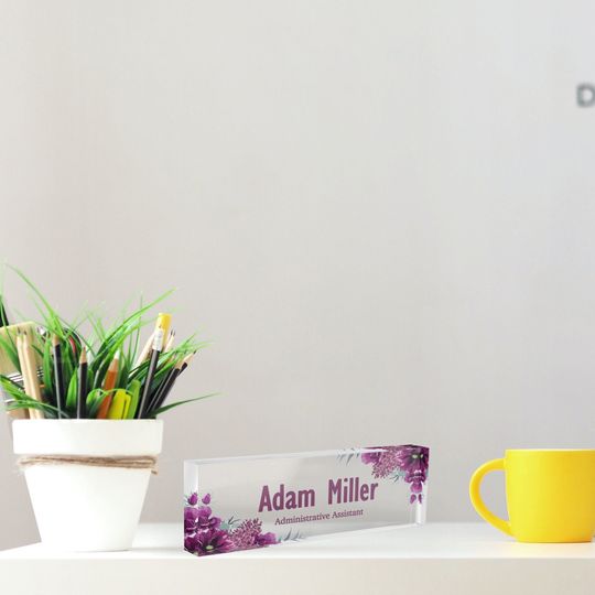 Desk Name Plate, Purple Flowers Acrylic Name Plate, Personalized Business Gift