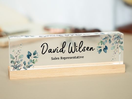 Desk Name Plate Personalized with Wooden Base, Custom Office Decor