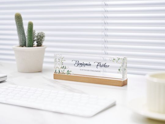 Personalized Acrylic Desk Name with Base, Green Leaves on Clear Acrylic