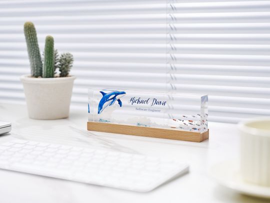 Personalized Name Plate for Desk | Unique Ocean Whale Design On Clear Acrylic