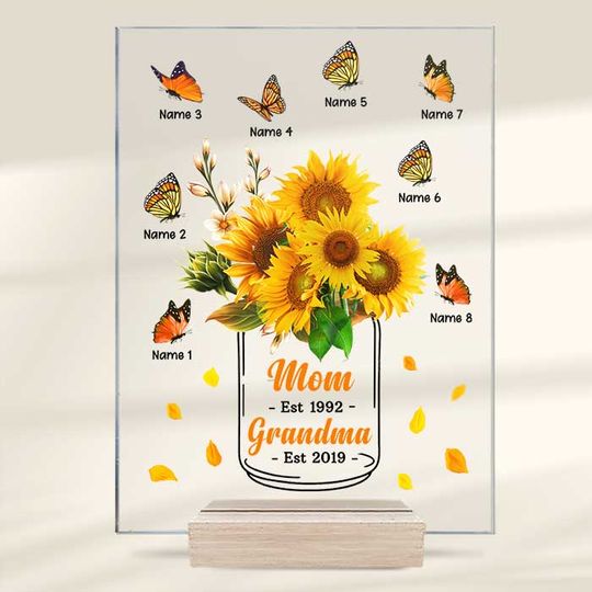 Sunflower Grandma Mom Loves Butterfly Kids  - Gift For Mom, Grandma - Personalized Acrylic Plaque