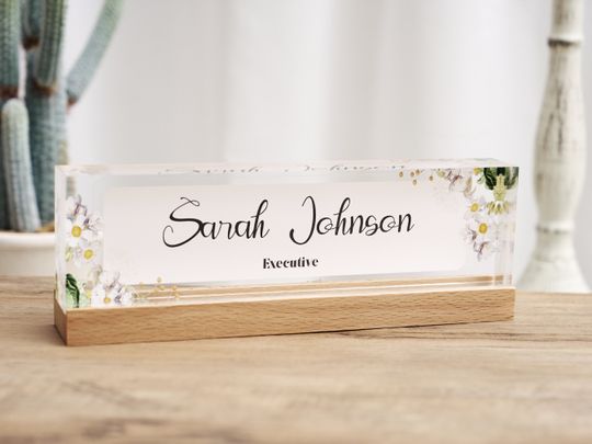 Personalized Desk Acrylic Plaque with Wooden Base, Custom Office Decor Nameplate Sign