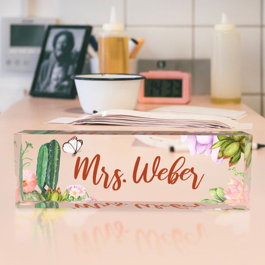 Personalized Teachers Acrylic Name Plate, Teacher Gifts, Desk Nameplate, Succulent Clear Acrylic Glass