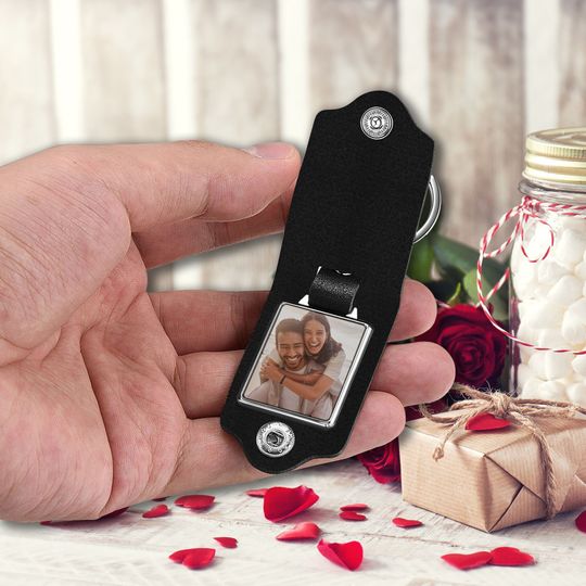 Valentine Men Accessory - Leather Keychain with photo, Photo Keyring