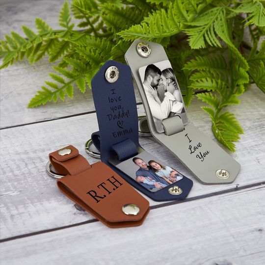 Personalized Leather Photo Keychain, Custom Laser Any Text, I Love You Dad