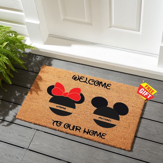 Personalized Mickey Doormat, Minnie Silhoutte Rug, Mickey and Minnie Doormat Gift, Welcome To Our Home Mat