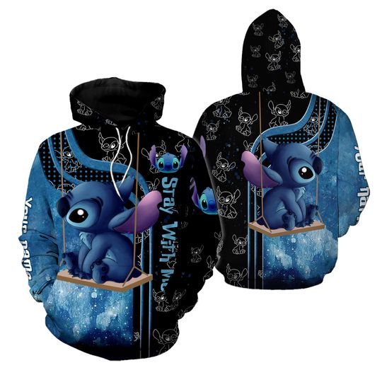Custom Name Stitch Stay With Me All Over Print 3D Hoodie And Leggings Blue Galaxy