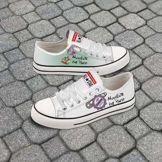 Custom Hand Painted Converse Low Top Shoes Up House & Bottle Cap Character Art Graphic Personalized Gift Canvas Shoes