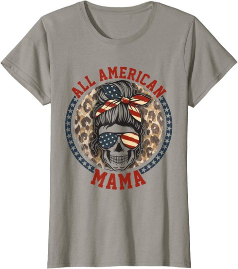 Womens wDr All American Mama Leopard Messy Bun Mom 4th Of July T-Shirt
